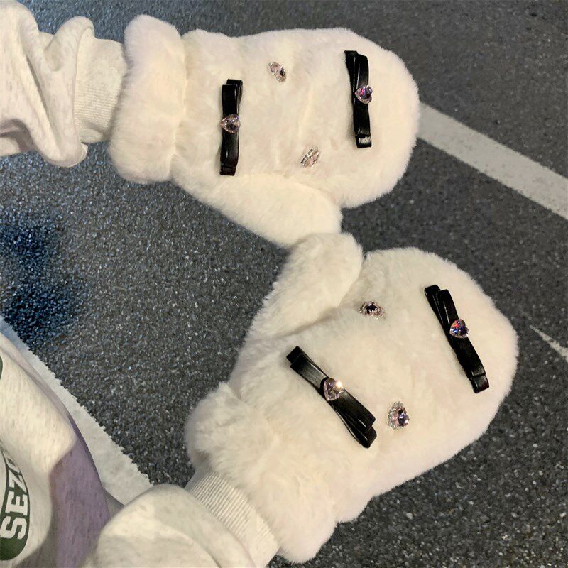 手套秋冬季女生加厚毛绒防寒防风加绒棉手套可爱挂颈冬天学生保暖