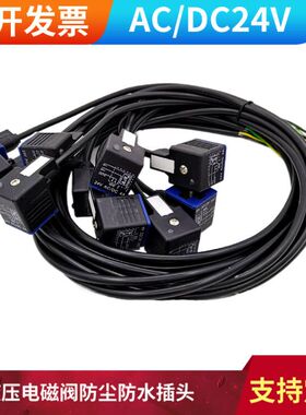 电磁阀液压阀防尘防水带灯带线插头AC/DC24V4A一体接线浇筑插头