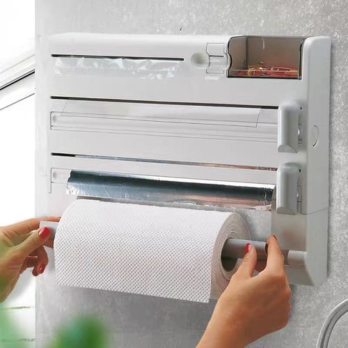 多功能厨房家用置物架壁挂式保鲜膜收纳盒切割器放置架卷纸架