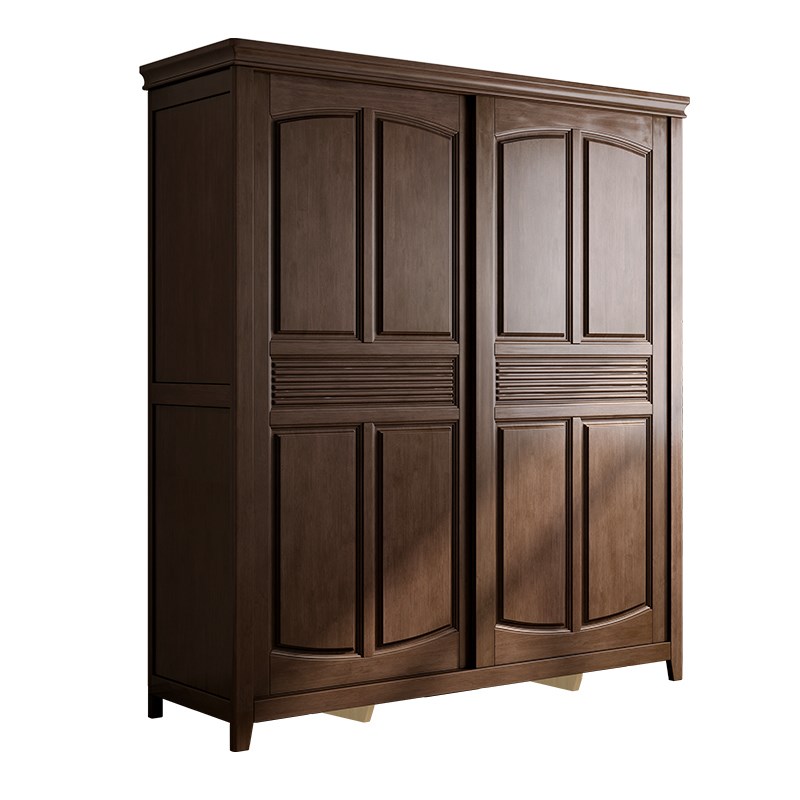 4I美式乡村实木衣柜现代简约推拉滑移门两门衣柜复古衣橱卧室木家