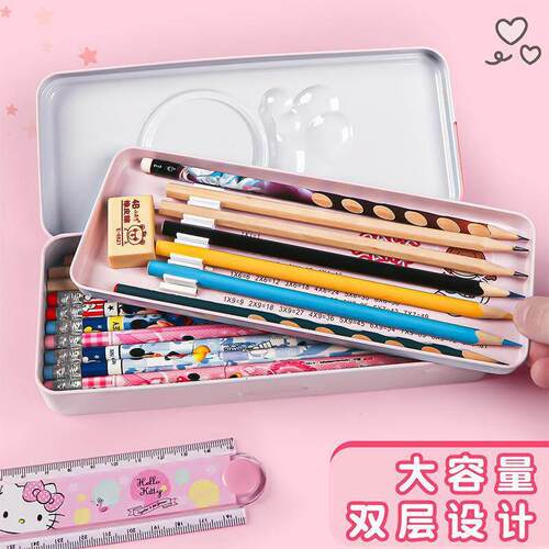 带乘法口诀表流沙双层铁笔盒文具盒女生铁盒铁皮铅笔盒幼儿*