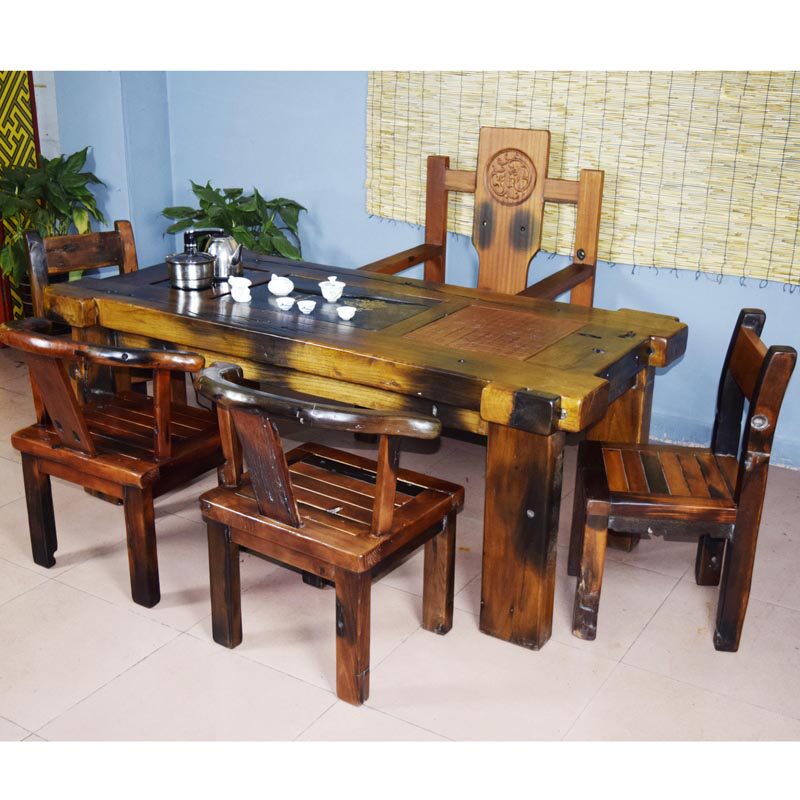 船木家具带棋盘乌金石茶桌茶台茶几古沉船L木实木功夫茶桌椅 组合