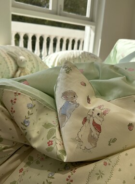 绿色田园花花小兔兔床上四件套1.5m1.8米少女W全棉宿舍三件套