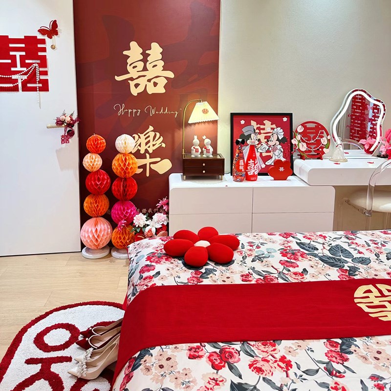 乐优公主100i支长绒棉结婚四件套大红色婚庆喜被床单被套床上用品