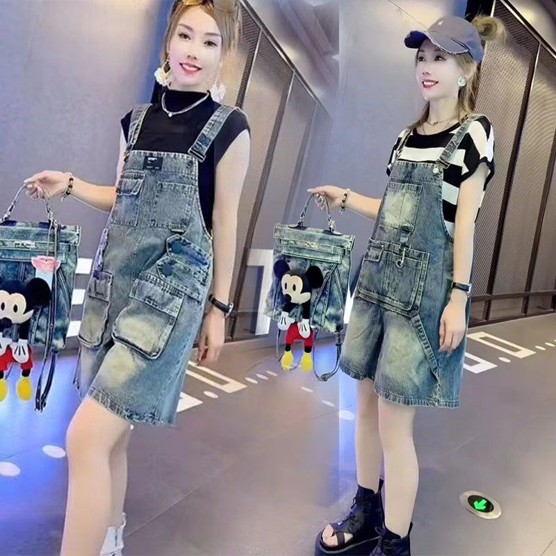 减龄薄款牛仔背带裤女2024夏季新款休闲宽松短裤洋气连体五分裤潮