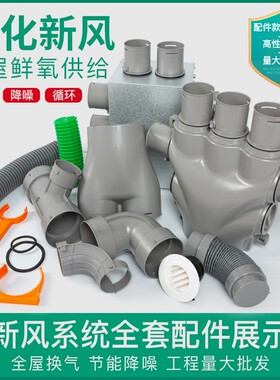 新风系统配件PE管平卡吊卡75直接90度弯头110mm软连接分风箱三通