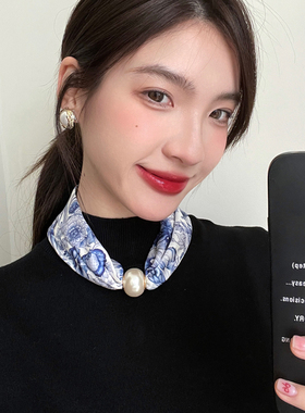 春秋薄款护颈磁吸扣丝巾女夏季遮脖子百搭小长条领巾装饰细窄项链