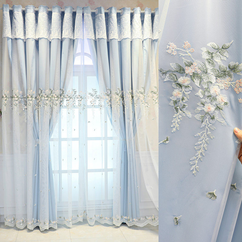 简约田园加厚布料绣花窗r帘纯色全遮光窗帘客厅卧室阳台定制成品
