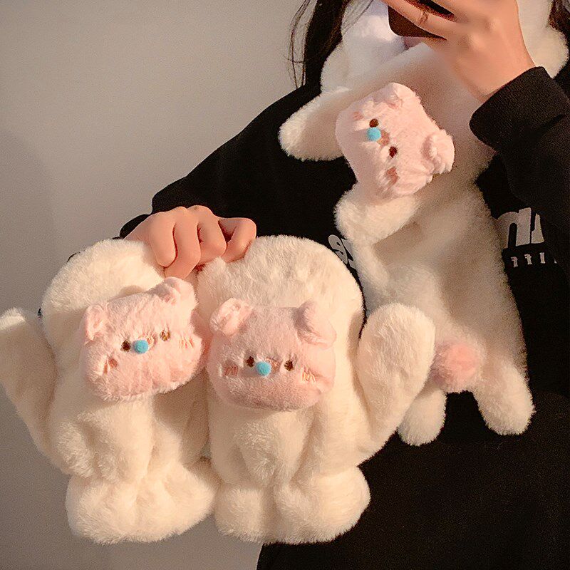 可爱小猪毛绒连指手套女秋冬季加绒加厚骑车防寒挂脖保暖护颈围脖