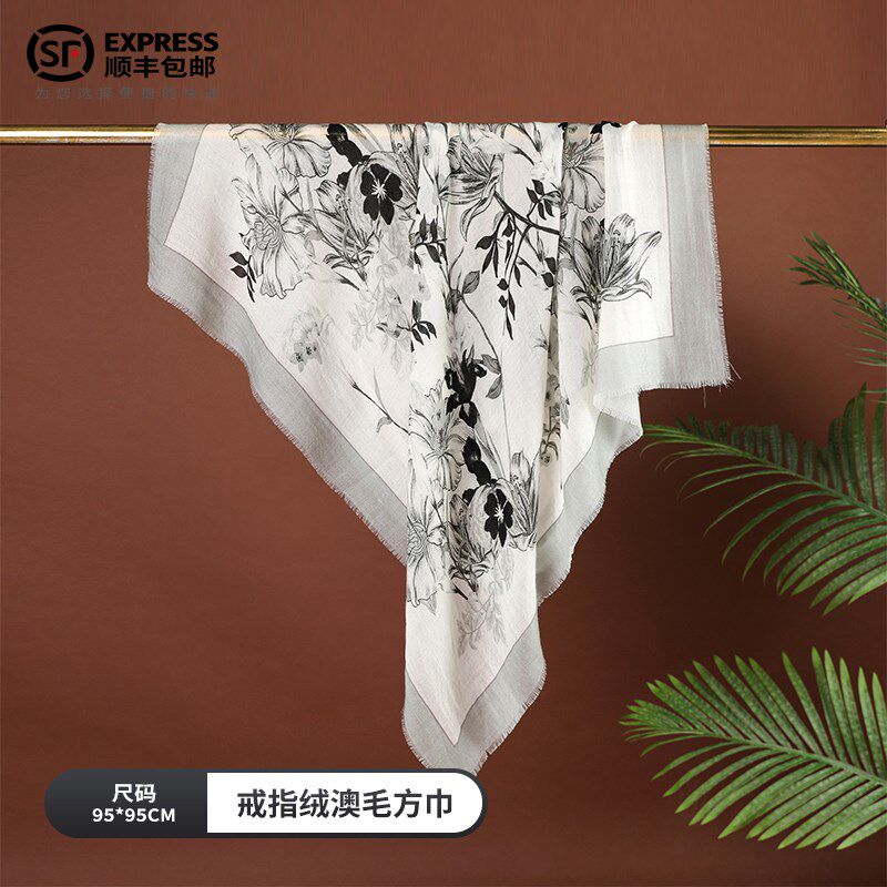 墨染年华-戒指绒方巾披肩女纯羊毛印花中国风水墨画围巾送长辈