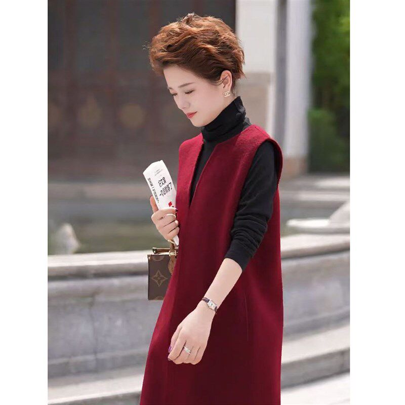酒红色秋冬V领毛呢无袖连衣裙宽松气质呢子裙大码马甲裙背心裙