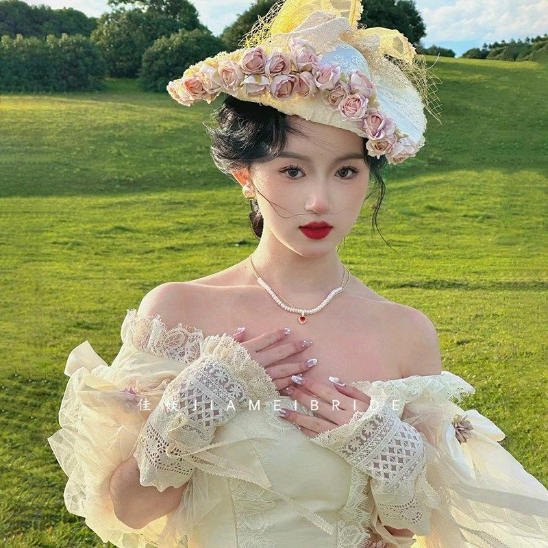法式新娘复古油画风网纱蕾丝粉色小花礼帽女旗袍婚纱配饰帽子头饰