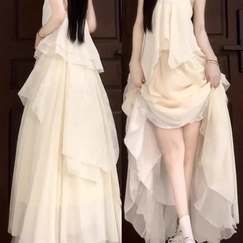 2025新款白色吊带连衣裙子女装夏季法式小个子海边度假不规则长裙