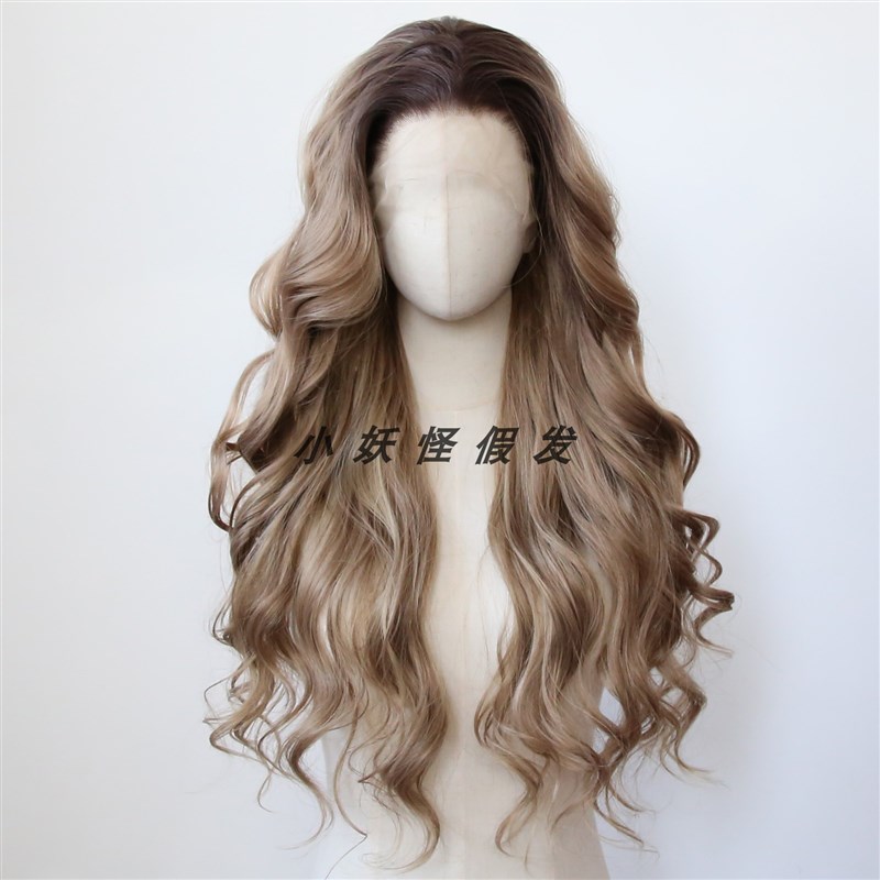 渐变深棕色前蕾丝化纤高温丝假发渐变深蜂蜜棕大波浪卷整顶假发套