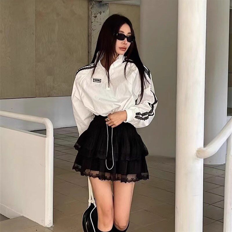 小个子高腰白色蕾丝花边A字半身裙套装蓬蓬蛋糕短裙配外套两件套