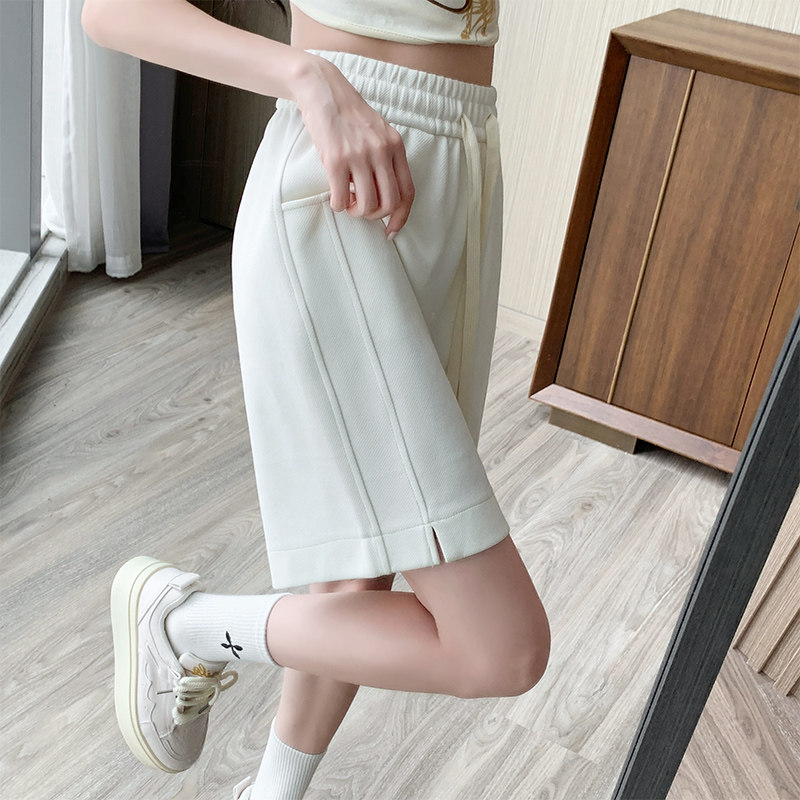白色运动短裤女夏季薄款2024新款中裤休闲宽松高腰直筒阔腿五分裤