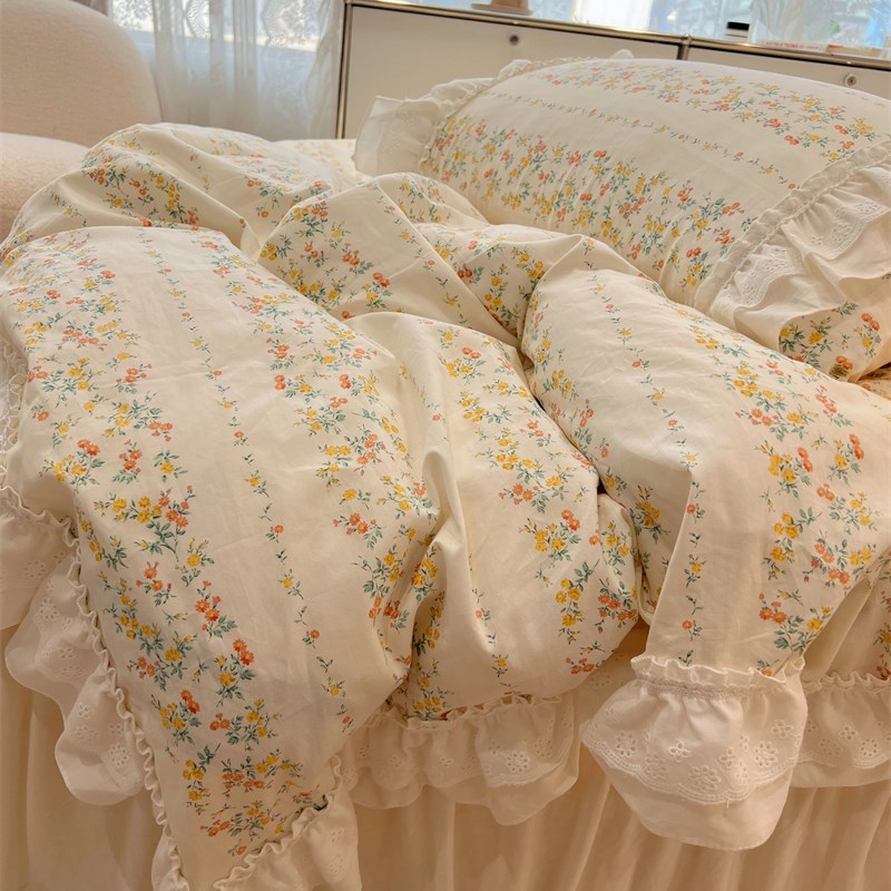 仙女款荷叶边全棉四n件套田园碎花风被套公主少女1.5m1.8床品