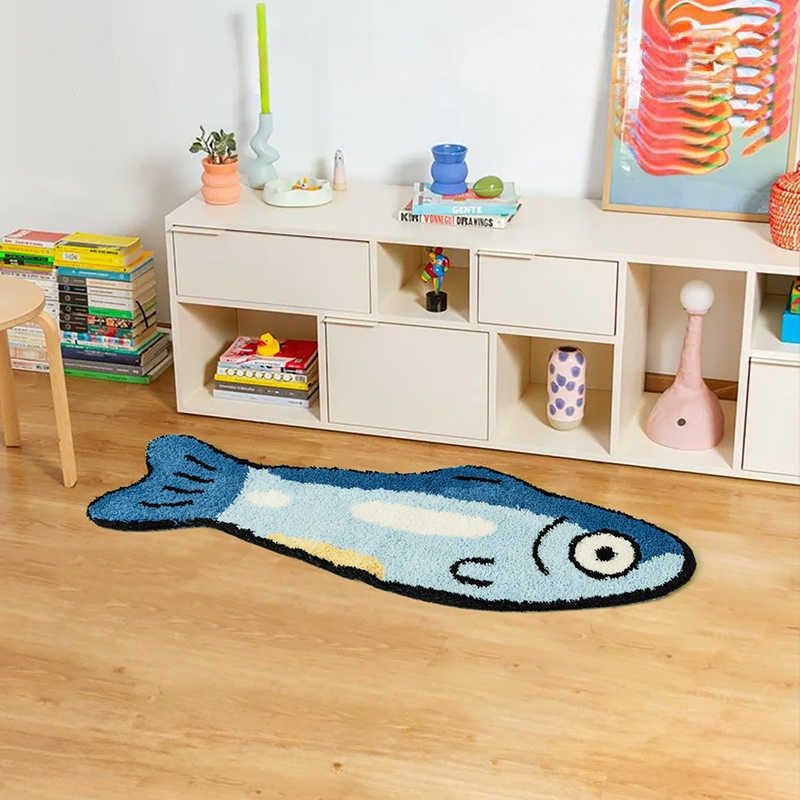 DDD 卡通创意咸鱼植绒地毯客厅蓝色小鱼地垫儿童房簇绒卧室床边毯