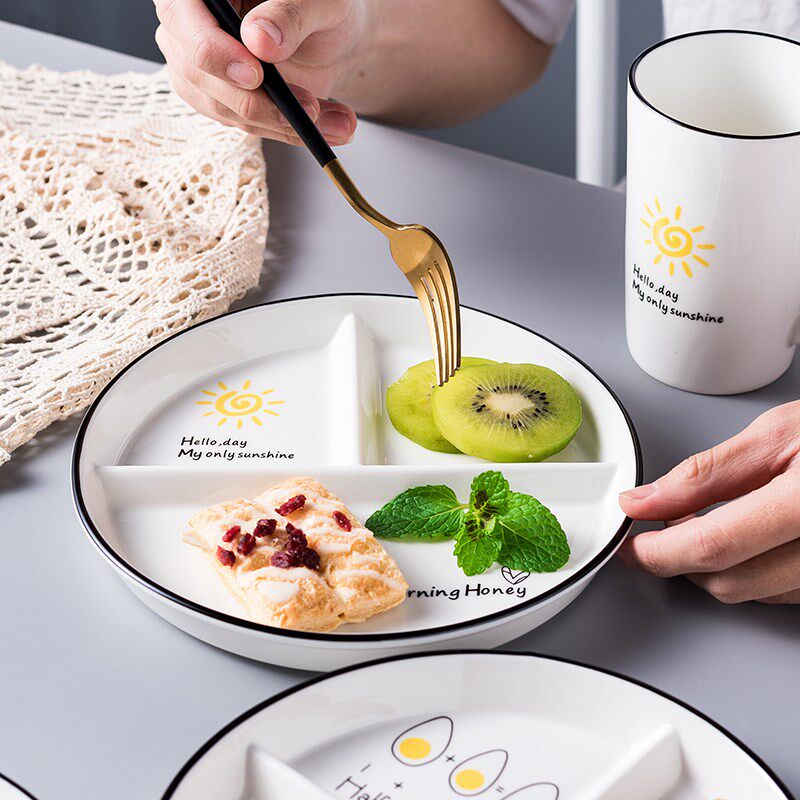 分格餐盘一人食家用早餐餐具儿童陶瓷定量盘子分餐盘烤箱