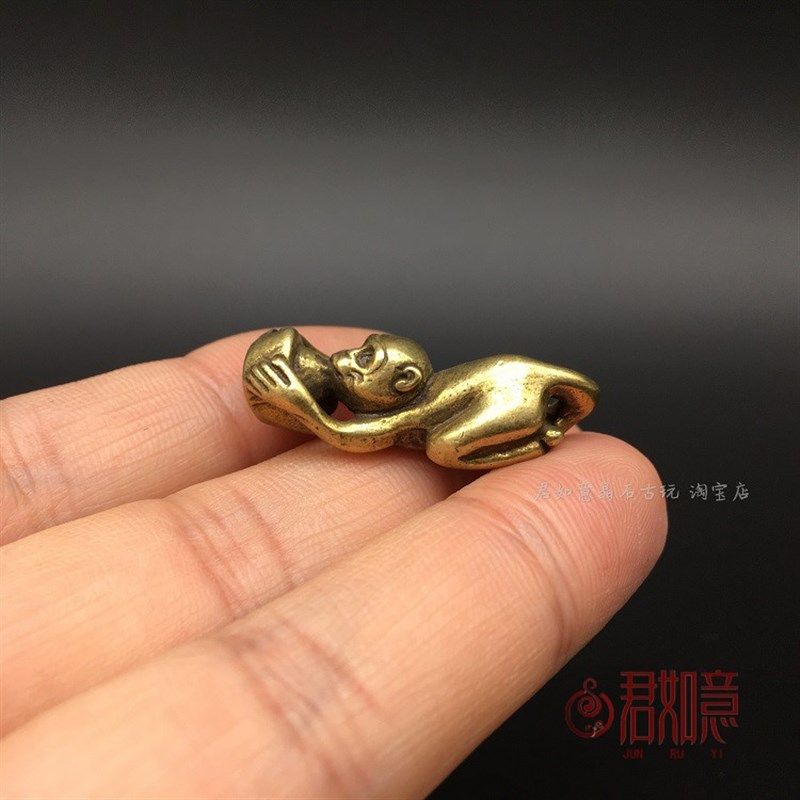 纯铜生肖小猴子摆件 元宝猴子献宝铜猴手把件古玩铜器收藏礼品