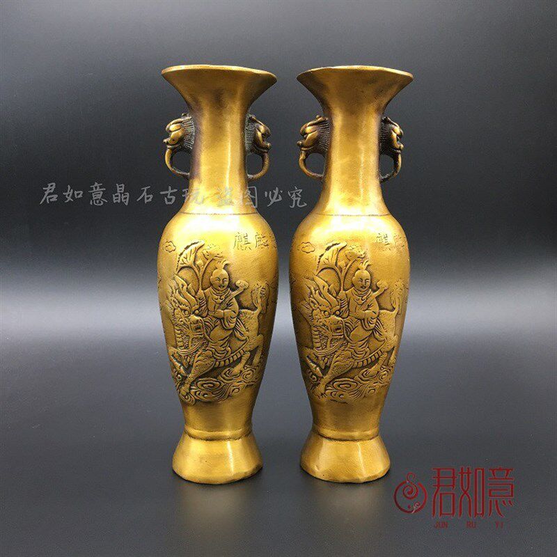 纯铜宫廷仿古花瓶一对黄铜麒麟送子童子双耳铜瓶子家具摆件礼品