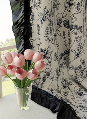 法式复古印花碎花窗帘黑色丝绒美式客厅背景布卧室洛可可成品帘