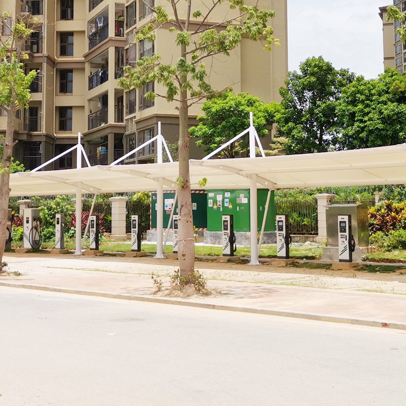 惠阳电动汽车充电站车棚小区公园遮阳景观棚拉杆式钢膜结构安装
