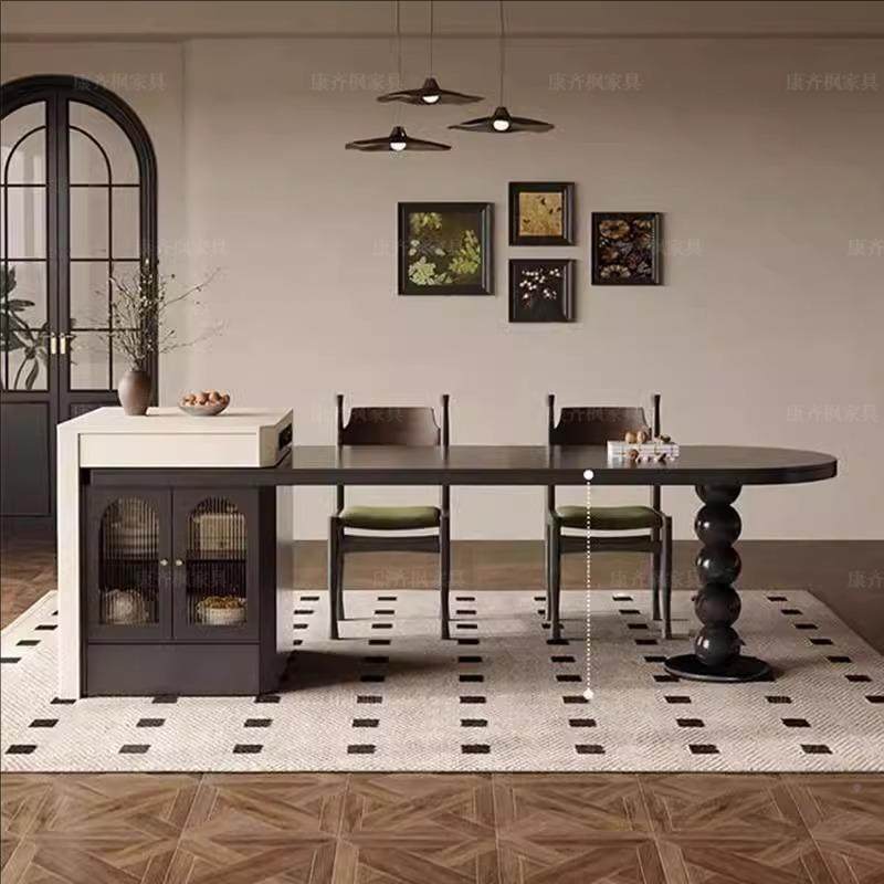 中古风可伸缩岛台餐古桌一体复圆弧纯岩板岛家用黑小户型中DCM台