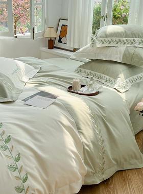 PUD秋冬0田园清新10支磨毛全棉四件被套植物刺绣加厚套拼床上用接