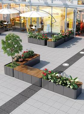 户外铁艺椅组合花凳坛商业街花槽箱塑木66597休息广场不锈座钢花