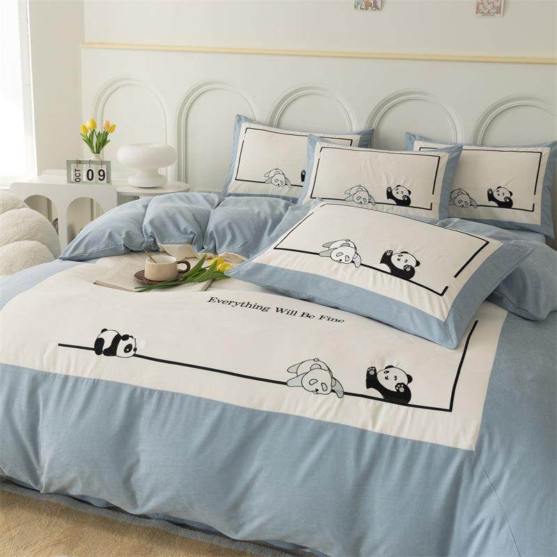轻用四奢款熊猫刺绣大拼角工艺件套单锦棉亲肤柔软床被YPZ套床上