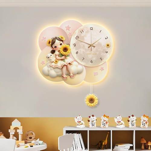 守护天使儿童房装壁饰画女PHS孩间钟表挂钟音挂画公主卧室床房头