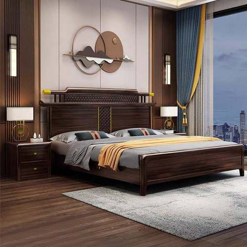 新中式乌金具木实木床大气双人床现简代约主卧家储带物92576抽屉