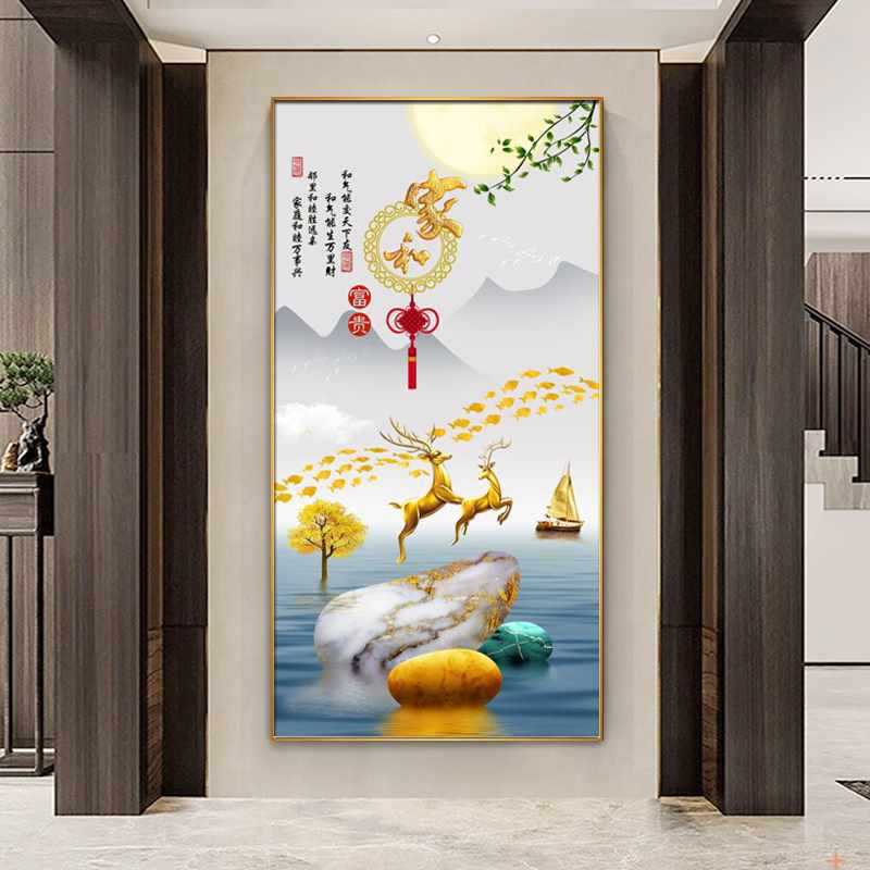 玄关装饰画客厅走廊过道挂画新款大气麋鹿竖版家和墙壁画玄关挂画图片