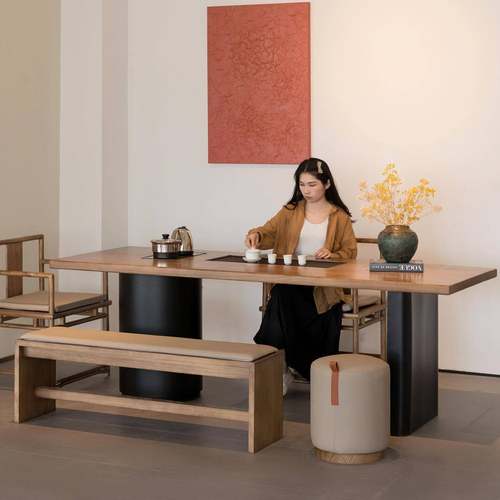 新中式家原木大泡茶桌台茶桌嵌入一体实木板茶阳台用KZA喝茶桌椅