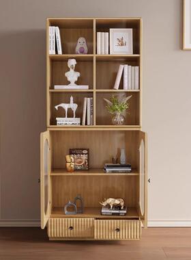 实木文书柜现代约书架客厅玻收纳柜储物柜防尘书橱带83517璃门落