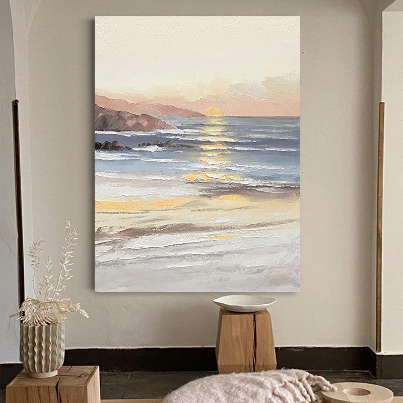 手绘油画布肌边理立体海日出风景酒店奢画装饰HGJU-652挂画轻客厅