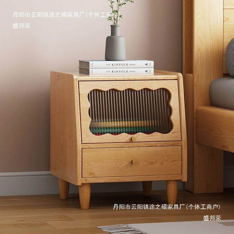 日实床头柜现代简约藤编木床边柜卧家用小型储W-10506物收室纳置