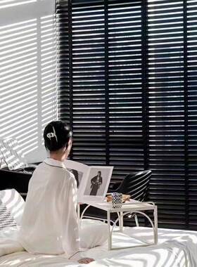 电动客F$ph(h(b智能黑色木百实叶帘厅阳台书房办公室遮光遮阳木质