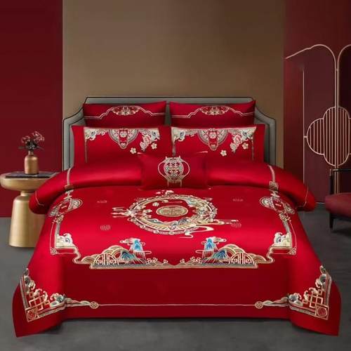 庆件套大红被套龙凤全婚棉纯棉结婚刺绣TFX床新上用品绣花四件套