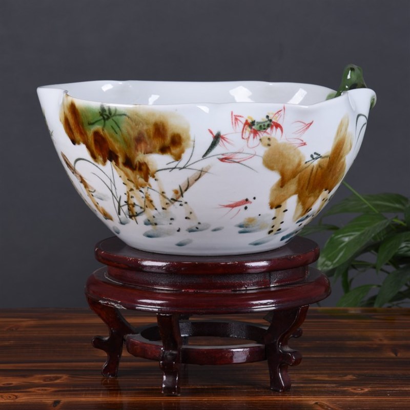 手工创意陶瓷鱼盆窑变荷花青蛙碗乌龟缸睡莲碗莲缸花盆桌面摆件
