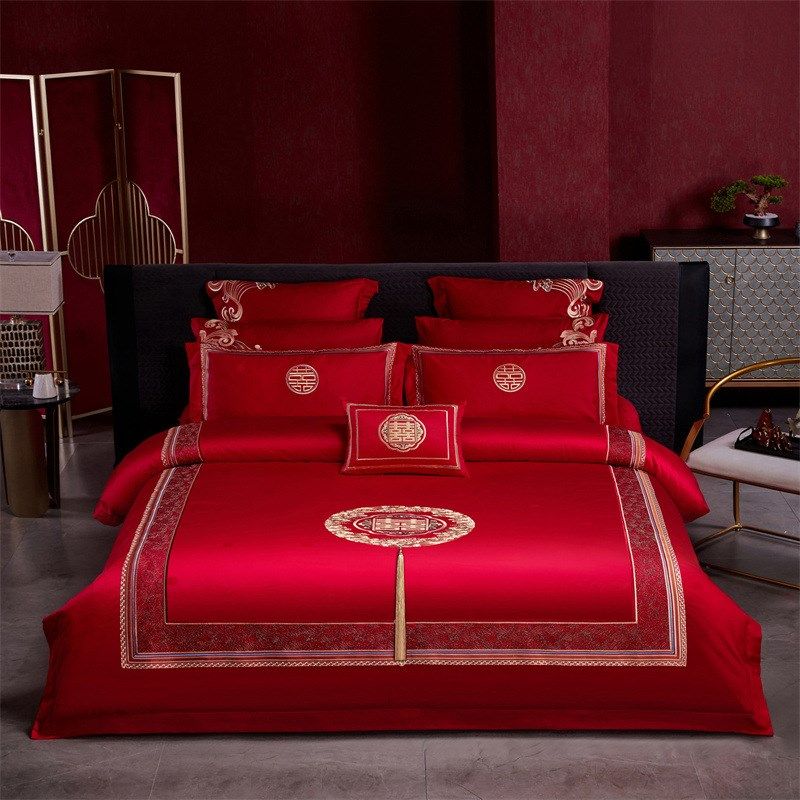 高端婚庆160支双股长绒棉刺绣B版四件套结婚大红结婚六件套八件套