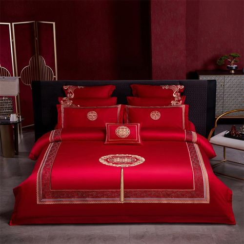 高端婚庆160支双股长绒棉刺绣B版四件套结婚大红结婚六件套八件套