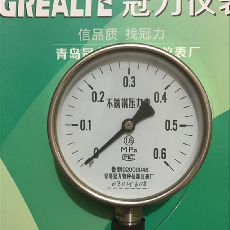 青岛冠力仪器仪表厂YTF100不锈钢压力表真空,0.6,1,1.6,2.5等MPA