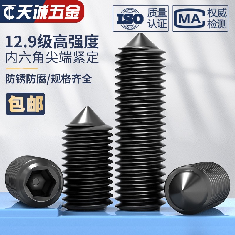 12.9级尖头紧定螺丝止付无头内六角机米尖端顶丝螺丝M3-5M6M10M12