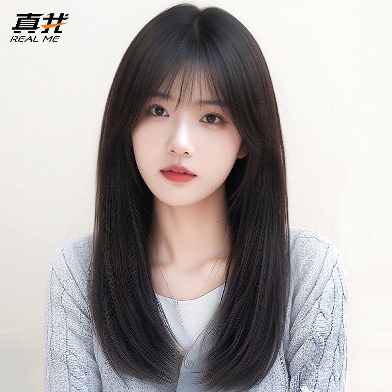 假发女全头套真发自然中长发锁骨发全真人发空气刘海长发整顶假发