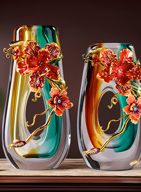 珐瑯彩琉璃花瓶高级n感客厅插花水晶玻璃玄关摆件家居装饰品新中