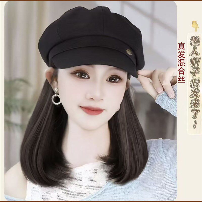 八角帽帽子假发一体女锁骨短内扣假发2025新款假发帽自然逼真