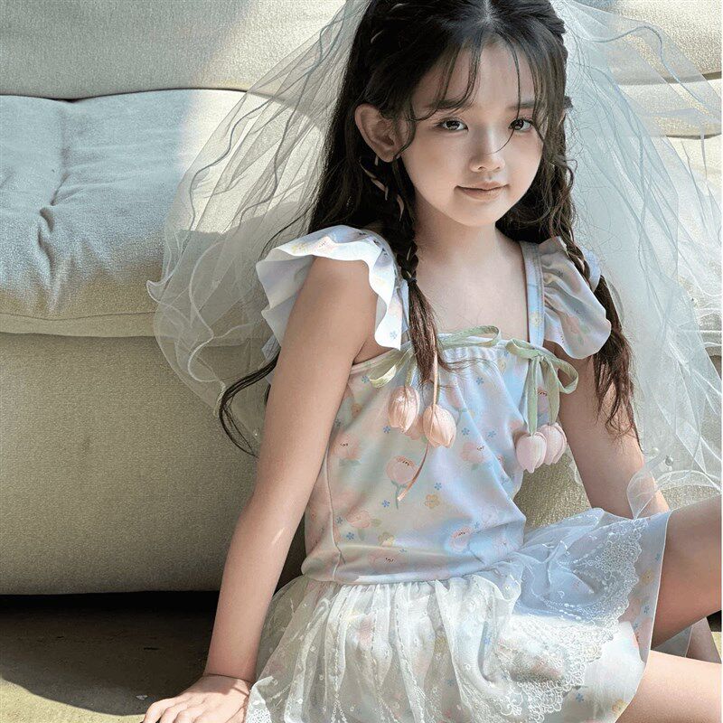 209儿童泳衣夏季新款吊带连衣裙蕾丝甜美女童泳衣平角裙式泳装