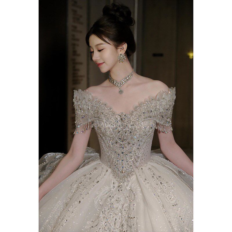 一字肩法式轻婚纱新娘2024新款主纱高级质感重工孕妇大码小个子夏